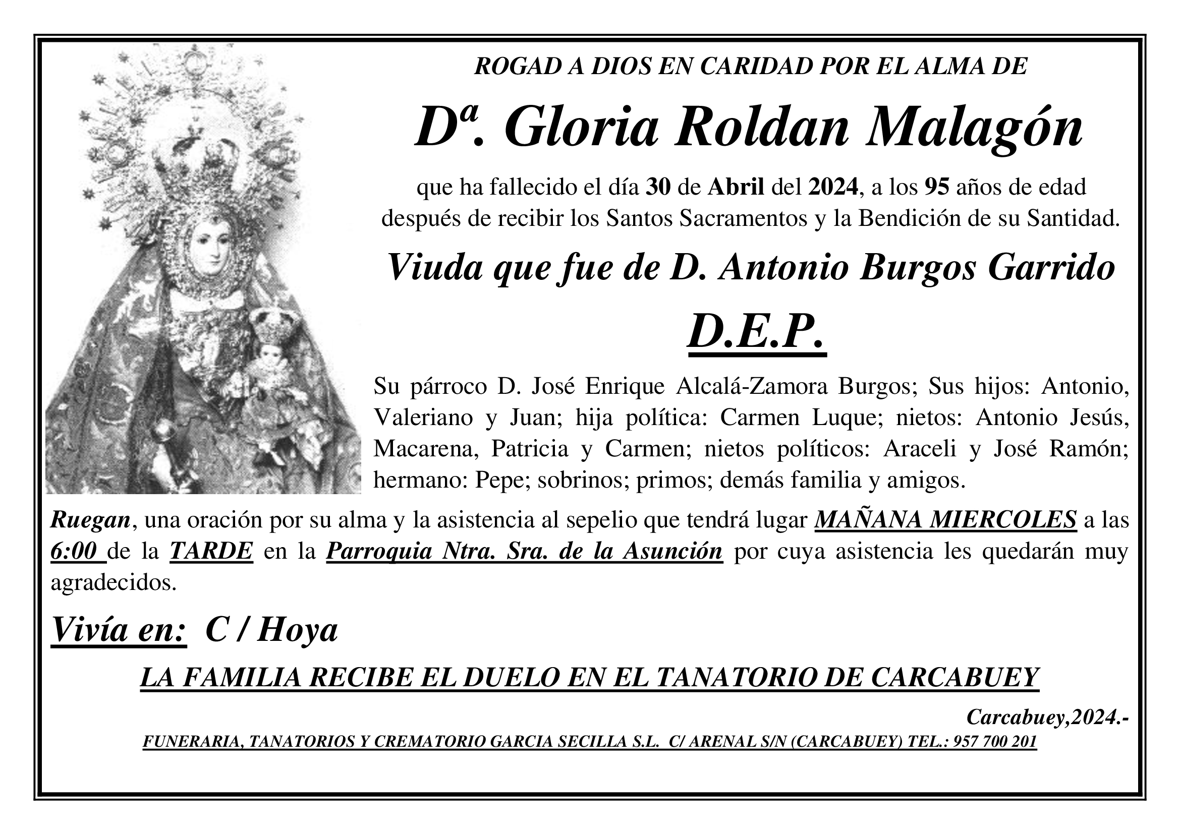 SEPELIO Dª. GLORIA ROLDAN MALAGÓN