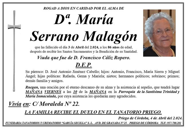 SEPELIO DE Dª MARÍA SERRANO MALAGÓN