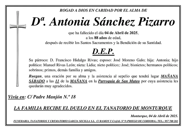 SEPELIO DE Dª ANTONIA SANCHEZ PIZARRO