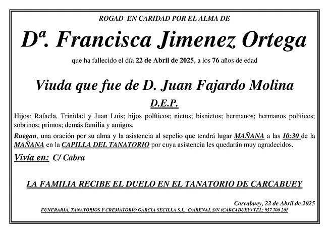 SEPELIO DE Dª FRANCISCA JIMENEZ ORTEGA