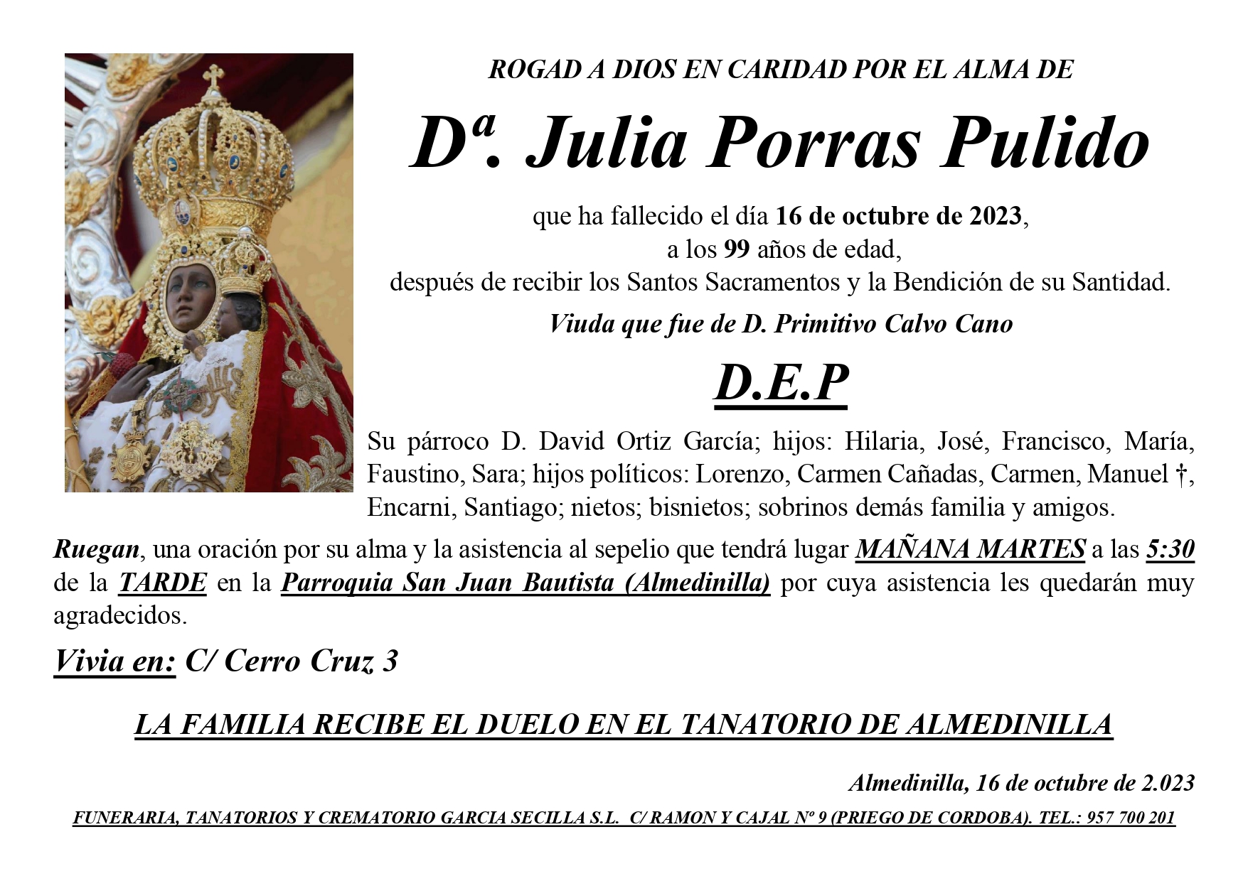 SEPELIO DE Dª JULIA PORRAS PULIDO