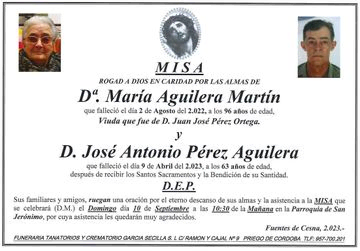 MISA DE Dª MARÍA AGUILERA MARTIN Y D JOSE ANTONIO PEREZ AGUILERA