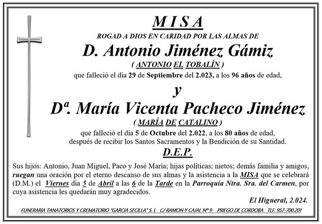MISA DE D ANTONIO JIMÉNEZ GÁMIZ Y Dª MARÍA VICENTA PACHECO JIMÉNEZ