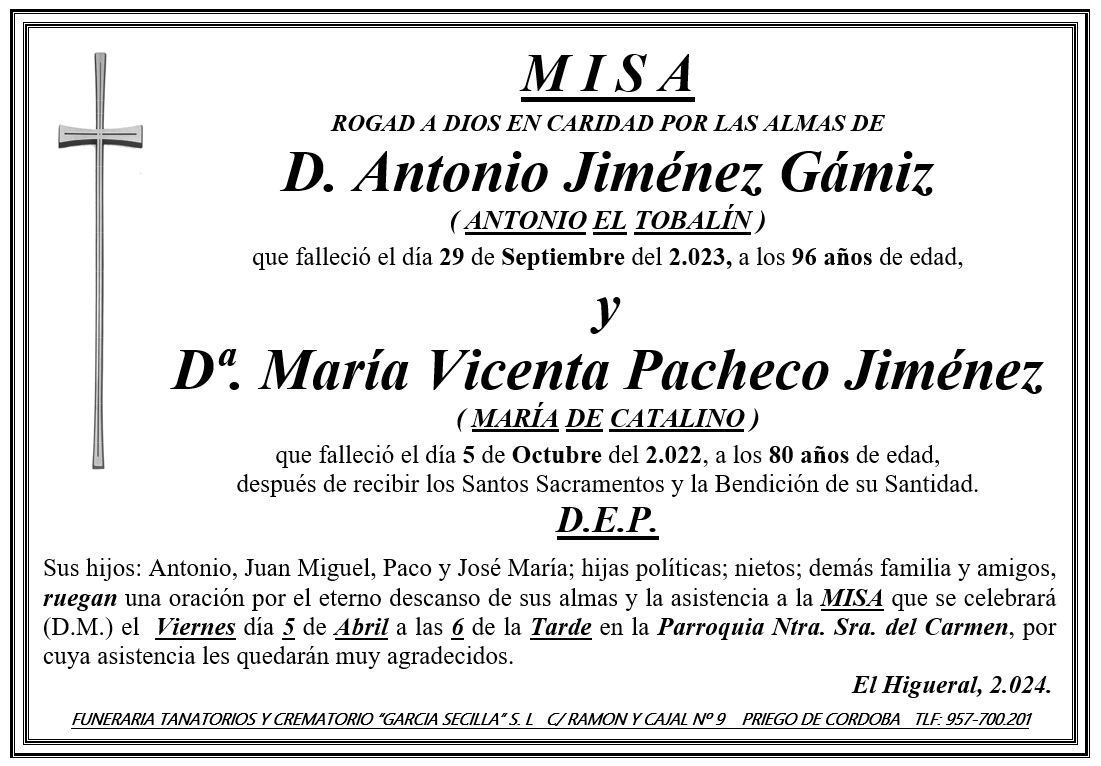 MISA DE D ANTONIO JIMÉNEZ GÁMIZ Y Dª MARÍA VICENTA PACHECO JIMÉNEZ
