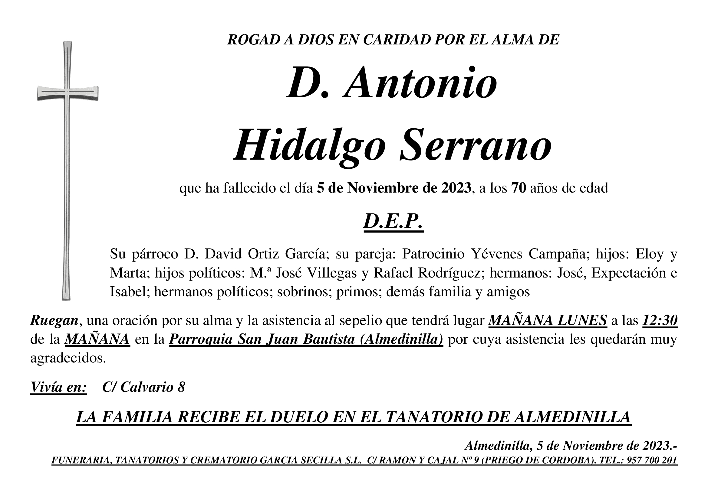 SEPELIO DE D. ANTONIO HIDALGO SERRANO