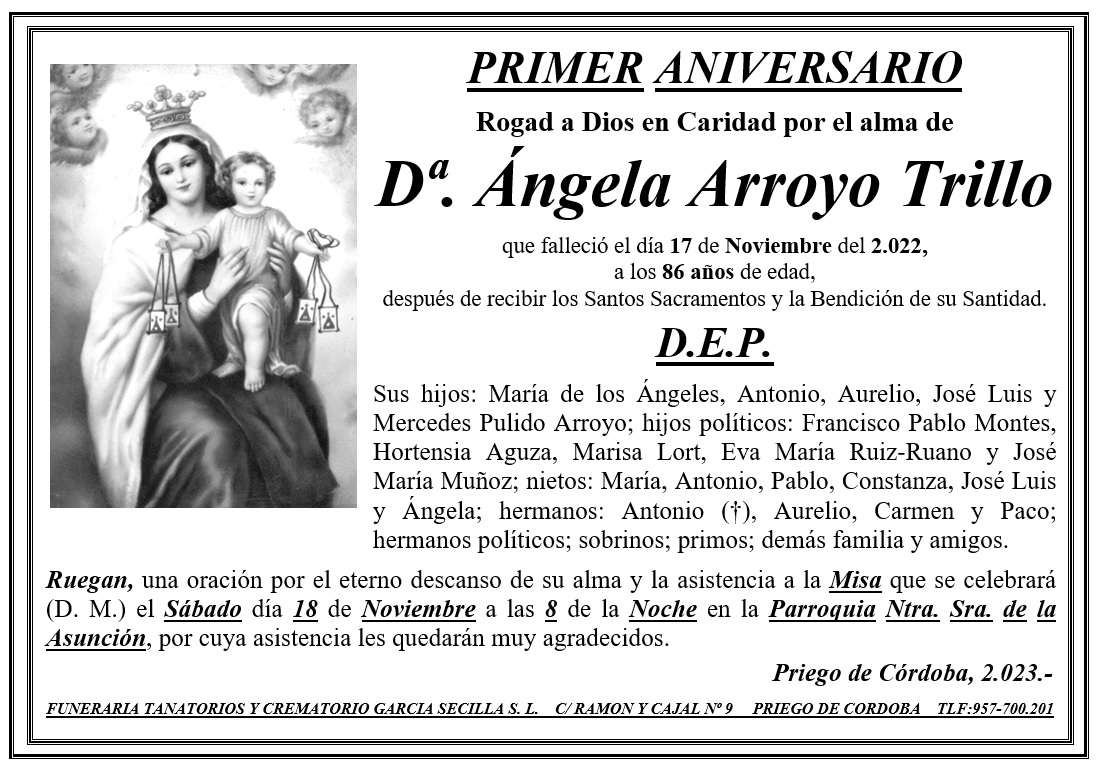 MISA PRIMER ANIVERSARIO DE Dª ÁNGELA ARROYO TRILLO