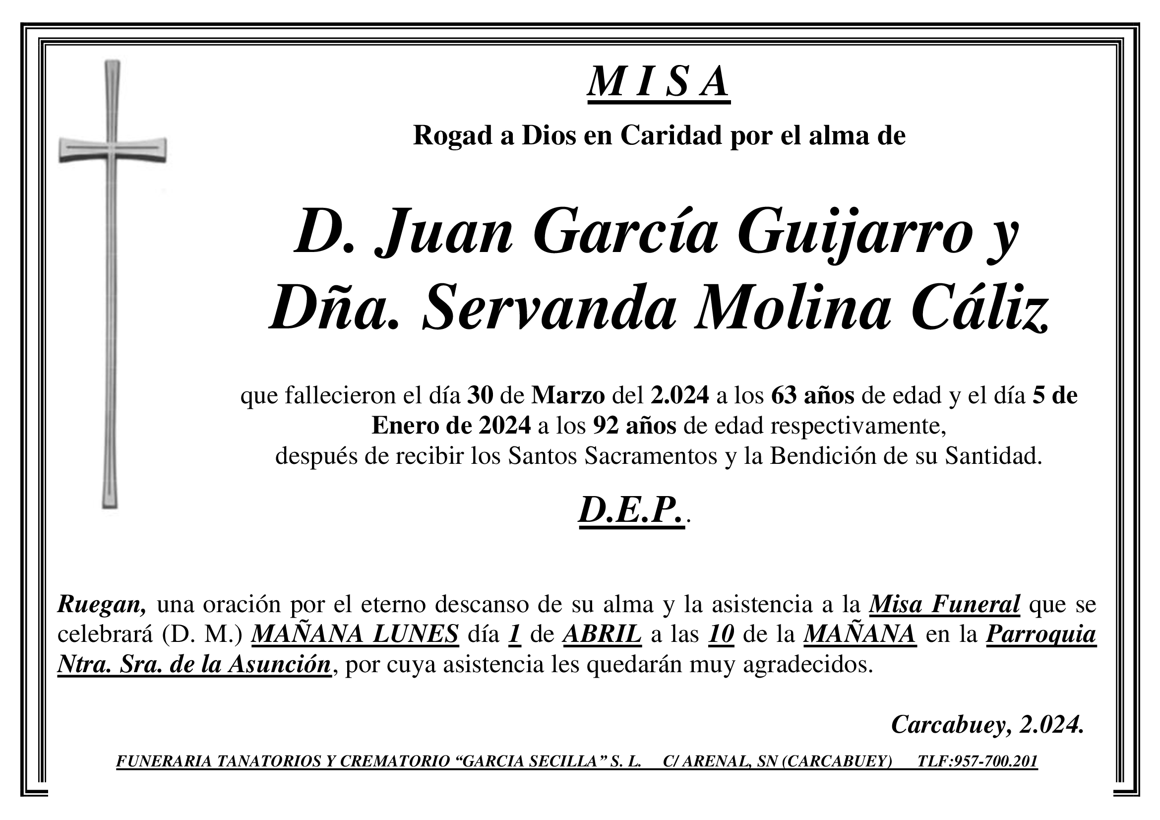 MISA DE D JUAN GARCIA GUIJARRO Y Dª SERVANDA MOLINA CALIZ