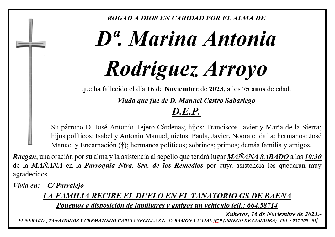 SEPELIO DE Dª. MARINA ANTONIA RODRIGUEZ ARROYO