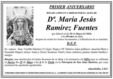 MISA PRIMER ANIVERSARIO DE Dª MARÍA JESÚS RAMÍREZ FUENTES